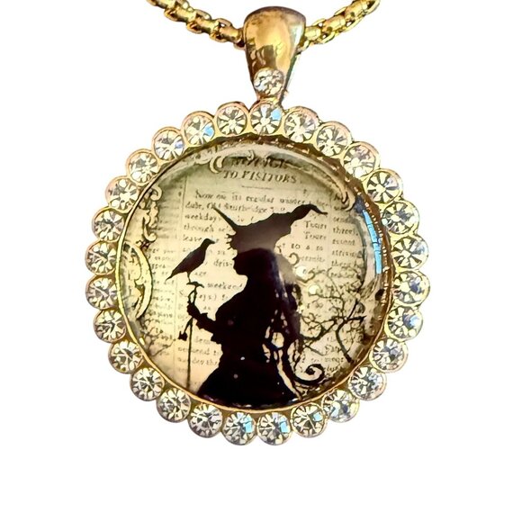 Wicked Witch Necklace 22in Gold Plated Silhouette Pendant Rhinestone Halo - Picture 2 of 11